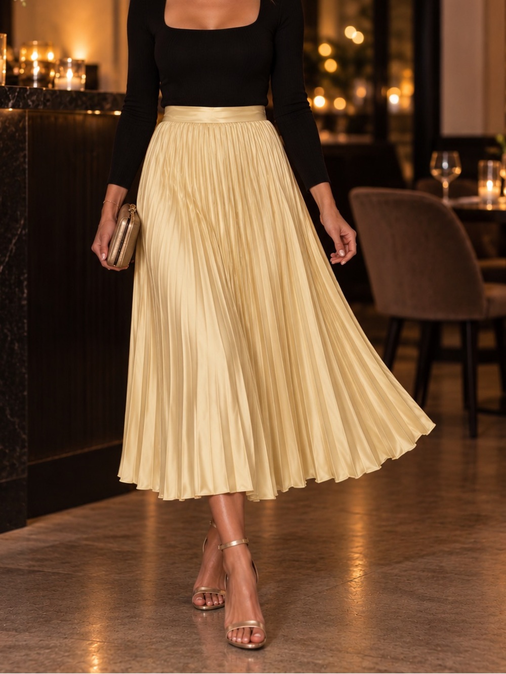 MOTF Butter Yellow Satin Pleated Midi Skirt Party Wedding Guest XS